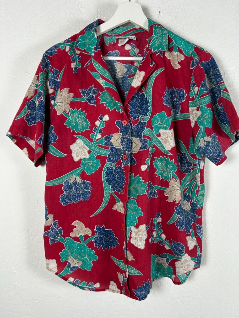 Vintage Oak Hill Womens Red Floral Batik Short-Sleeve Button-Up Blouse Large